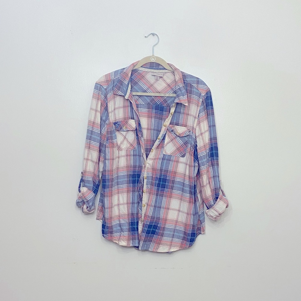 Dress Barn Blue and Pink Plaid Flannel | Size 2X | Lace Details